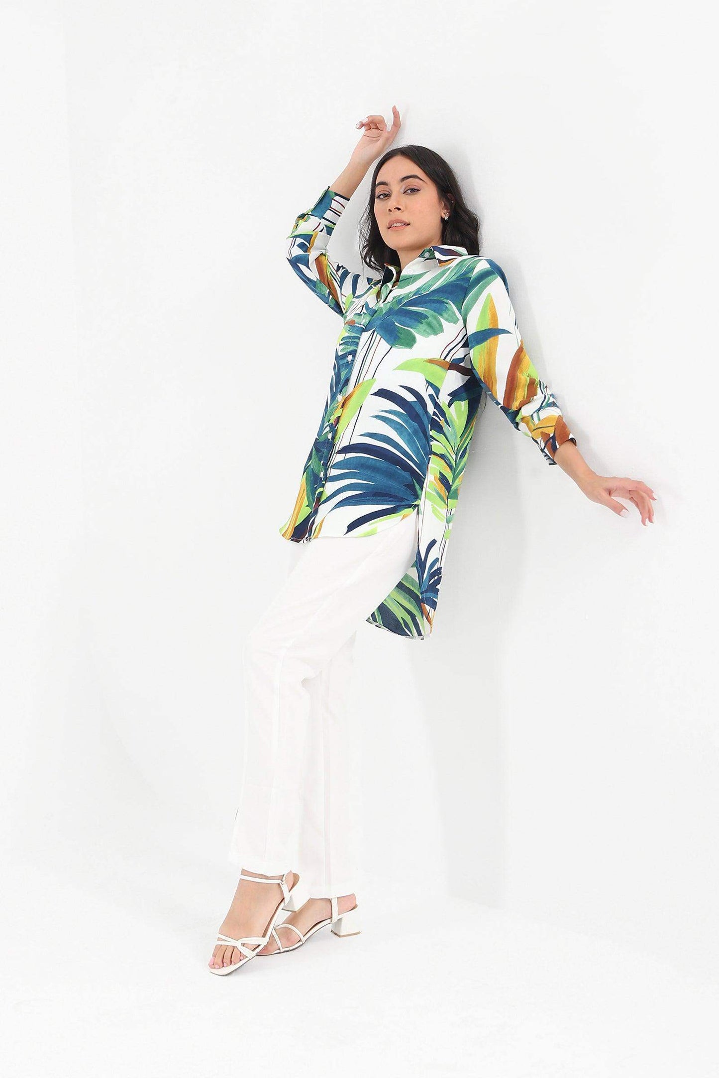 Asymmetrical Leafy Printed Shirt - Carina - ÙƒØ§Ø±ÙŠÙ†Ø§