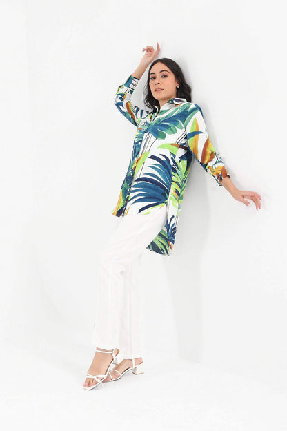 Asymmetrical Leafy Printed Shirt - Carina - ÙƒØ§Ø±ÙŠÙ†Ø§