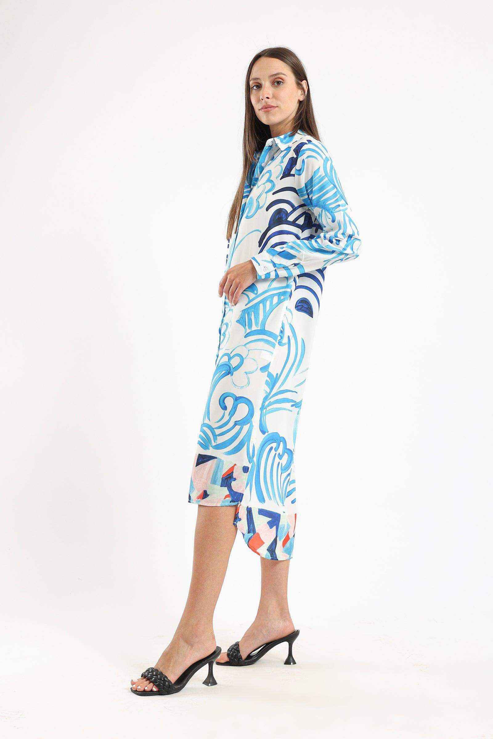 Asymmetrical Printed Shirt Dress - Carina - ÙƒØ§Ø±ÙŠÙ†Ø§