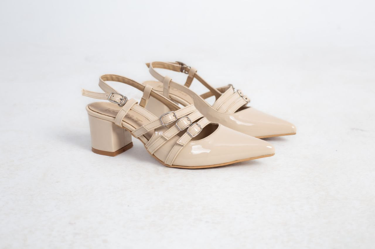 Patent Solid Slingback Heels – Beige