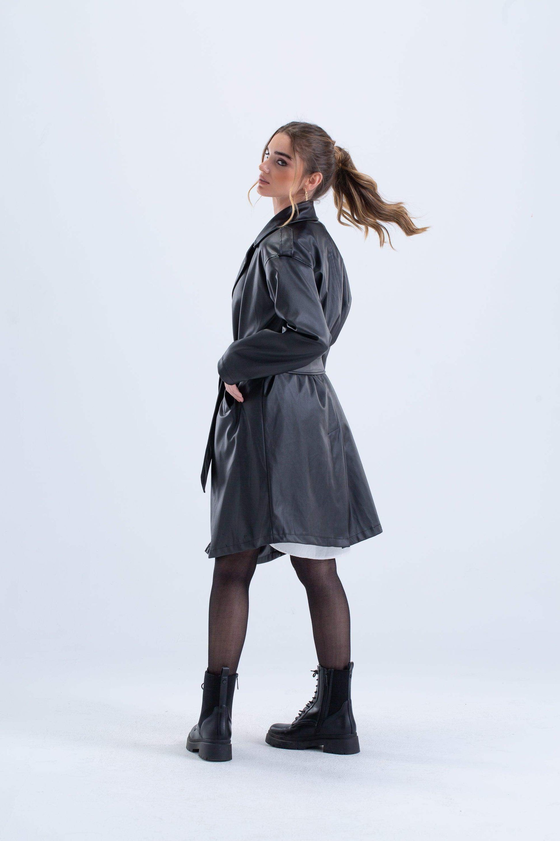 Black Leather Trench Coat - Carina - ÙƒØ§Ø±ÙŠÙ†Ø§