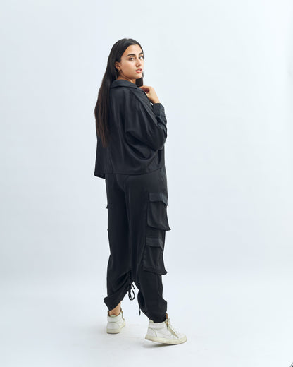 Black - Satin Cargo Pants