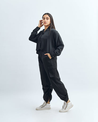 Black - Satin Cargo Pants