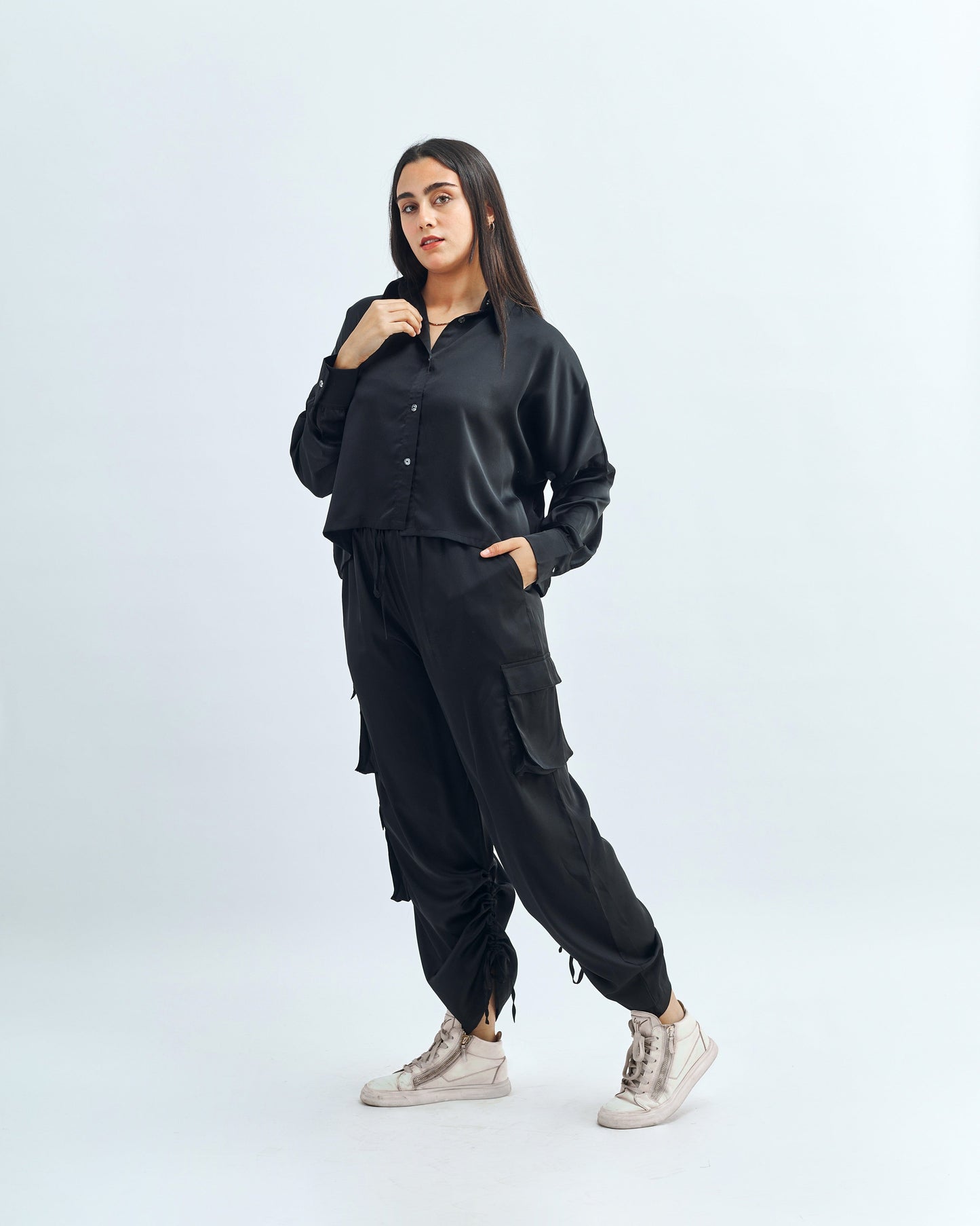 Black - Satin Cargo Pants