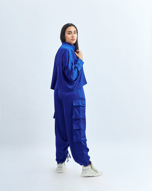 Blue - Satin Cargo Pants