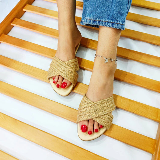 Burlap Cross Slippers - Beige