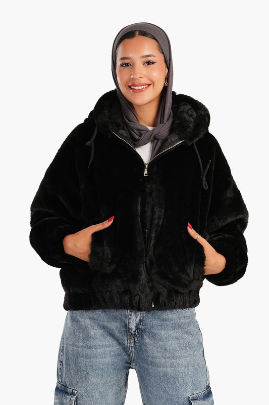 Fluffy Fur Bomber Jacket - Black