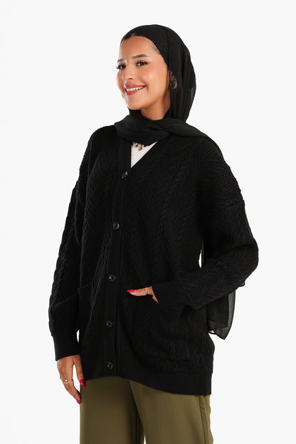 Cardigan with Ribbed Elastic Hem