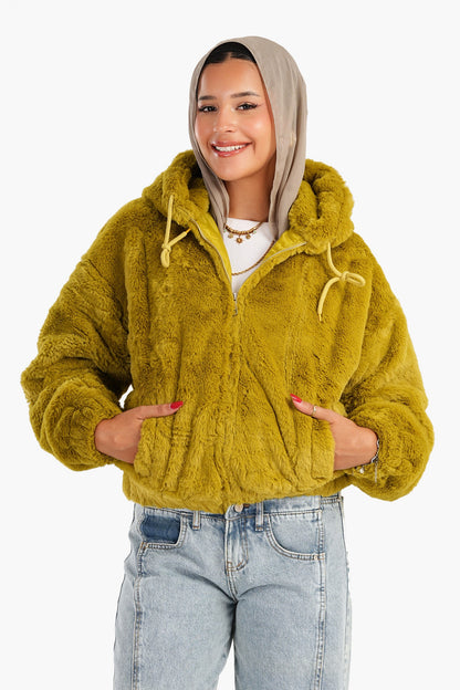 Fluffy Fur Bomber Jacket - Pistache