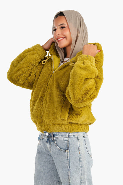 Fluffy Fur Bomber Jacket - Pistache