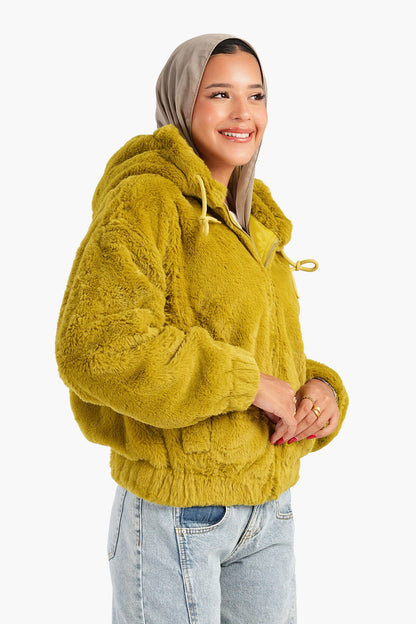 Fluffy Fur Bomber Jacket - Pistache