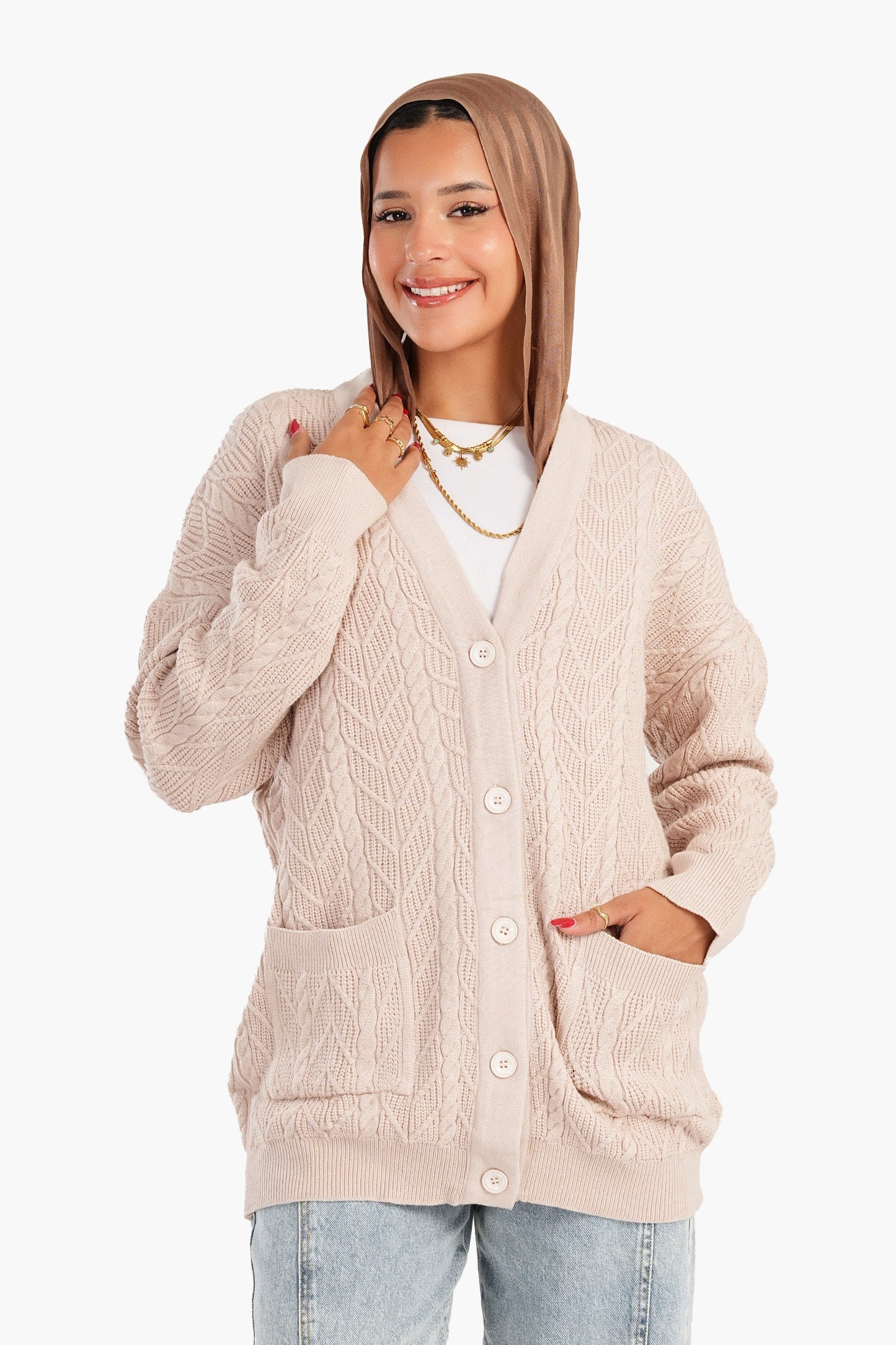 Cardigan with Ribbed Elastic Hem