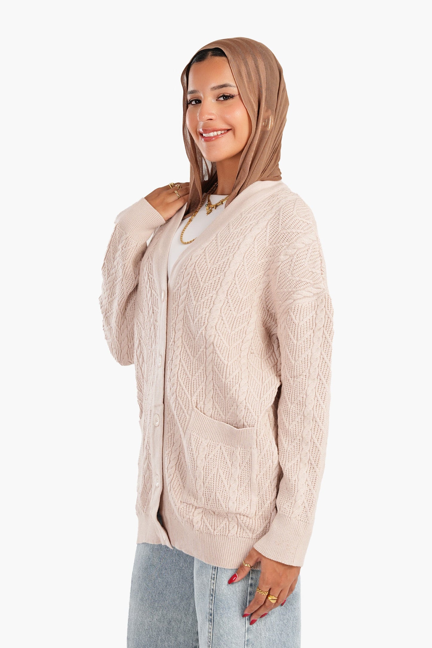 Cardigan with Ribbed Elastic Hem