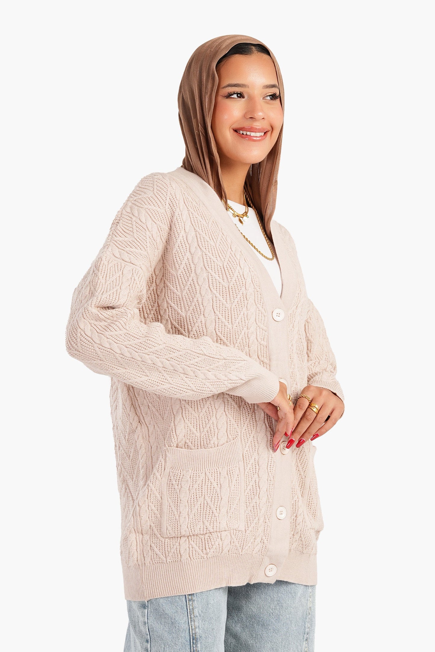 Cardigan with Ribbed Elastic Hem