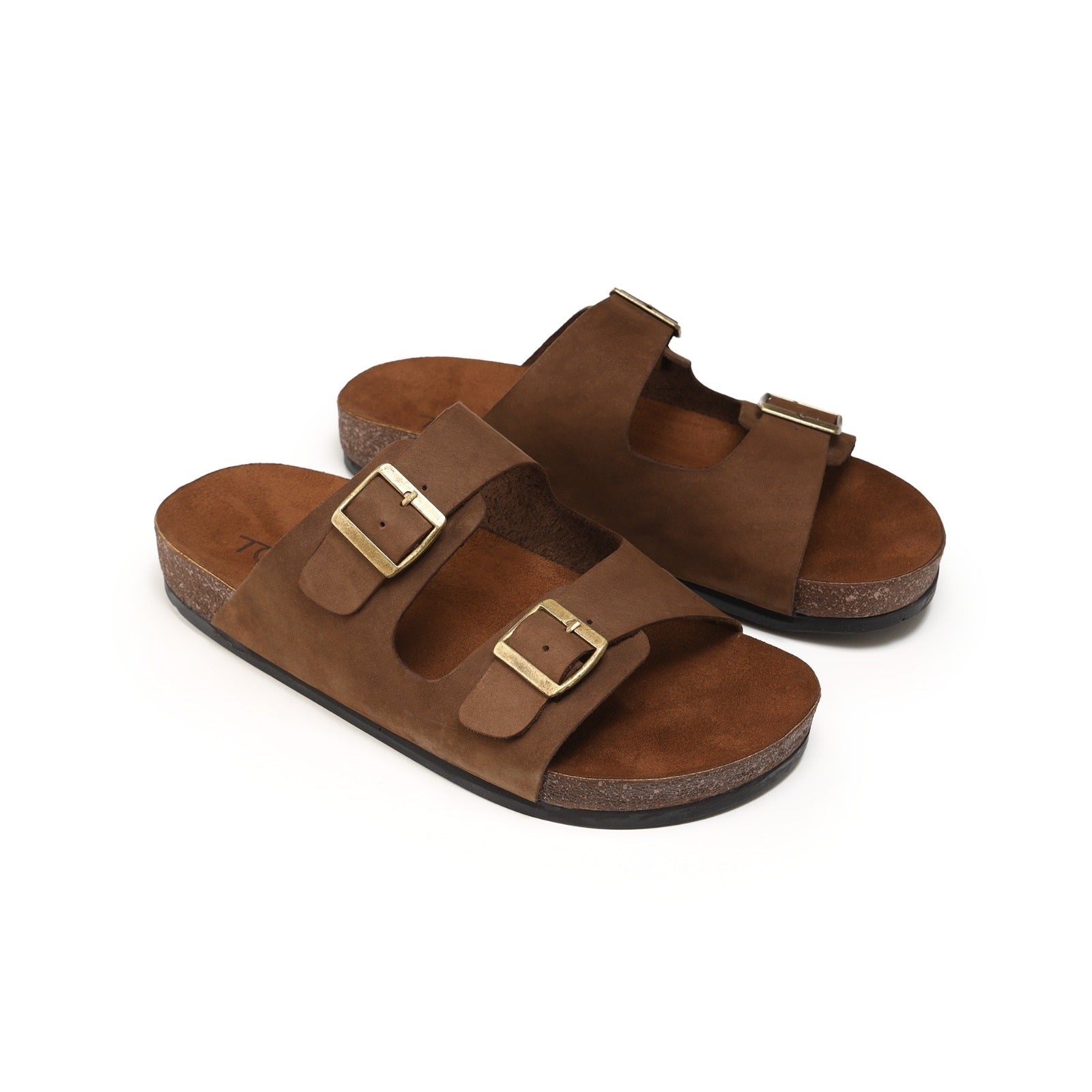 Suede Leather Double Buckle Slippers - Brown