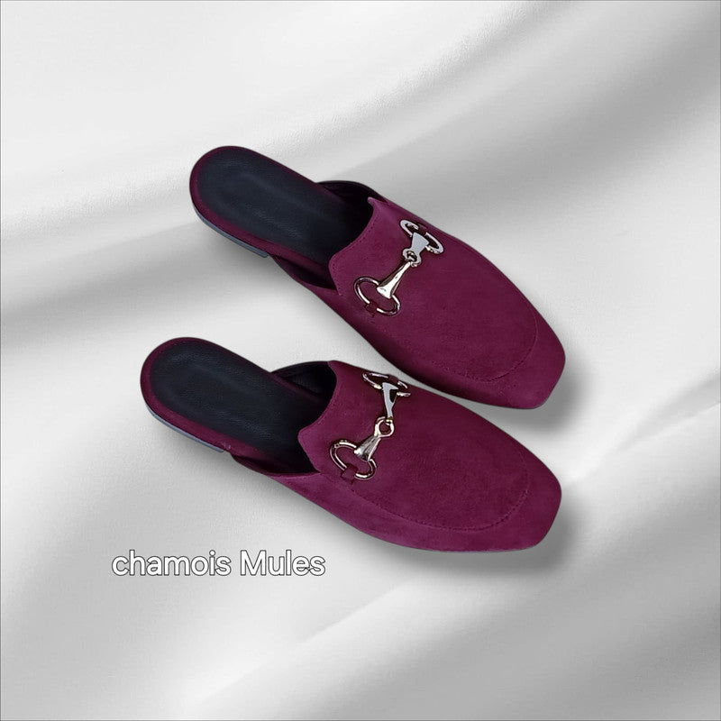 Velvet Fabric Chamois Mules - Burgundy