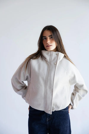 Women's stone beige oversized funnel-neck bomber jacket - front view