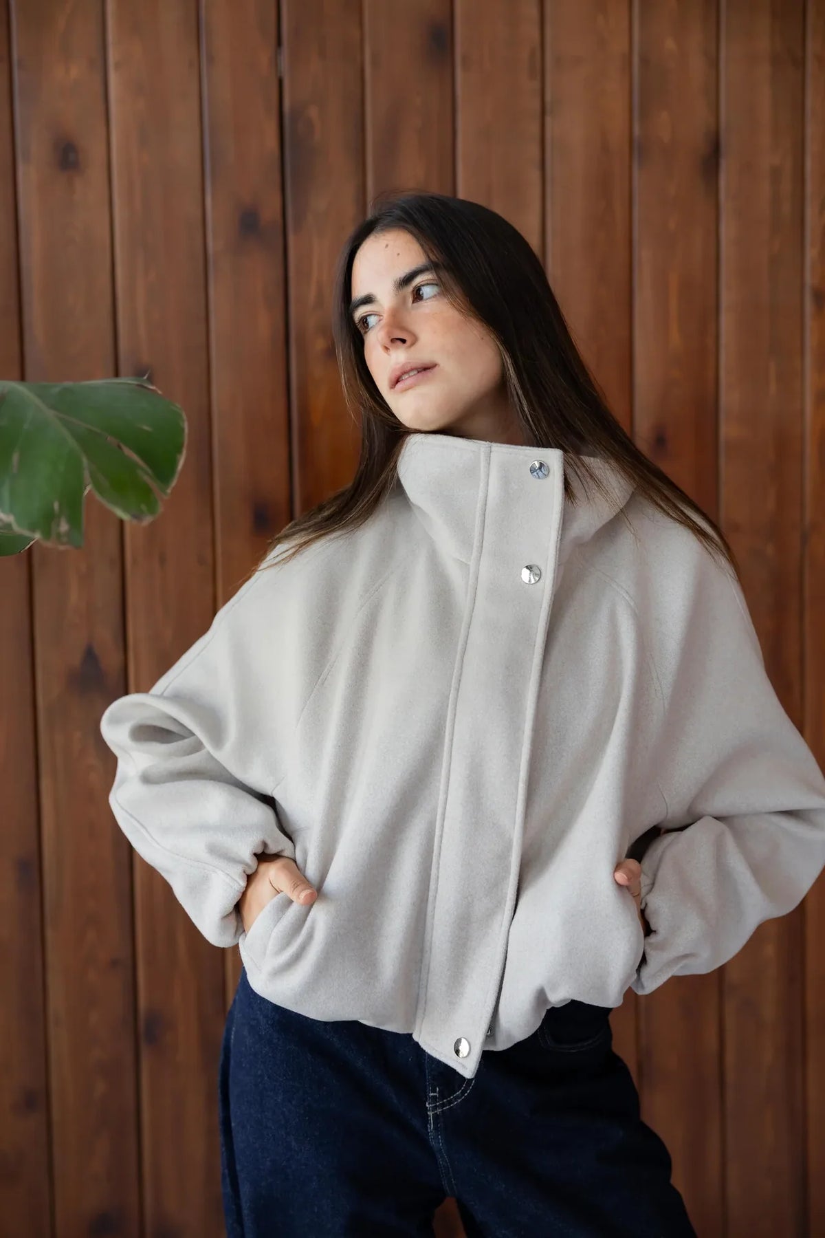 Stone beige bomber jacket - lifestyle shot
