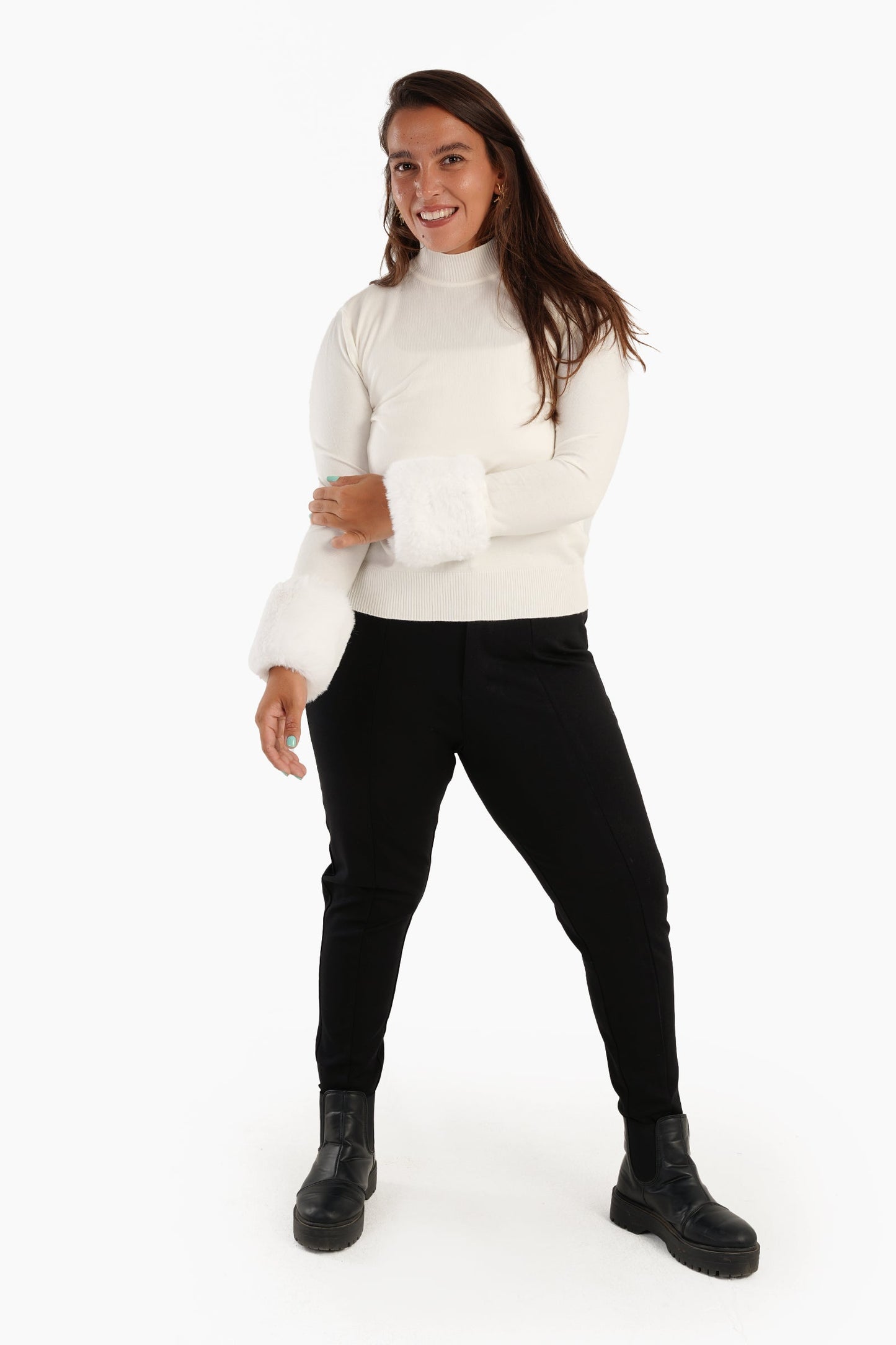 Pullover with Faux Fur Cuffs - Off White