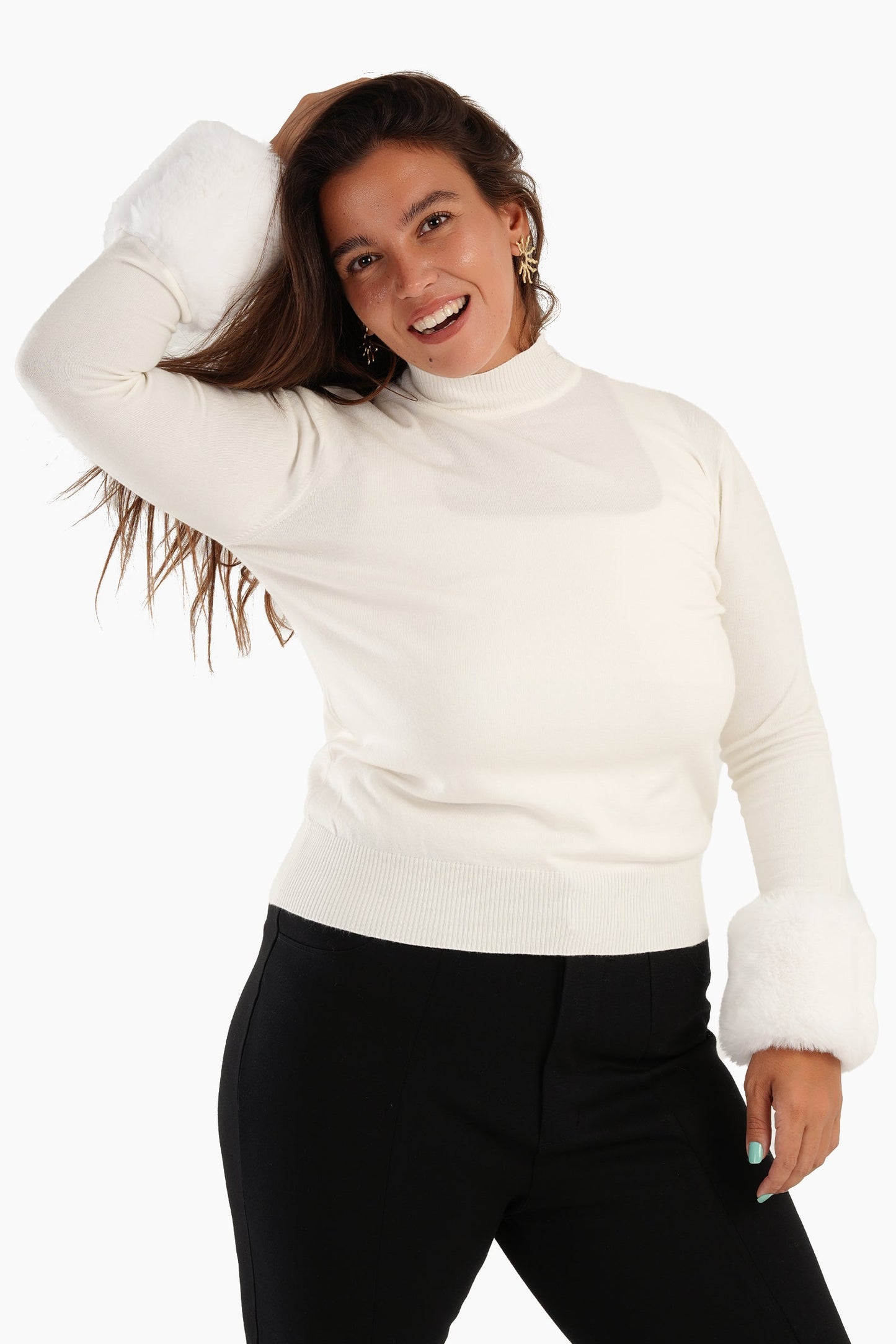 Pullover with Faux Fur Cuffs - Off White