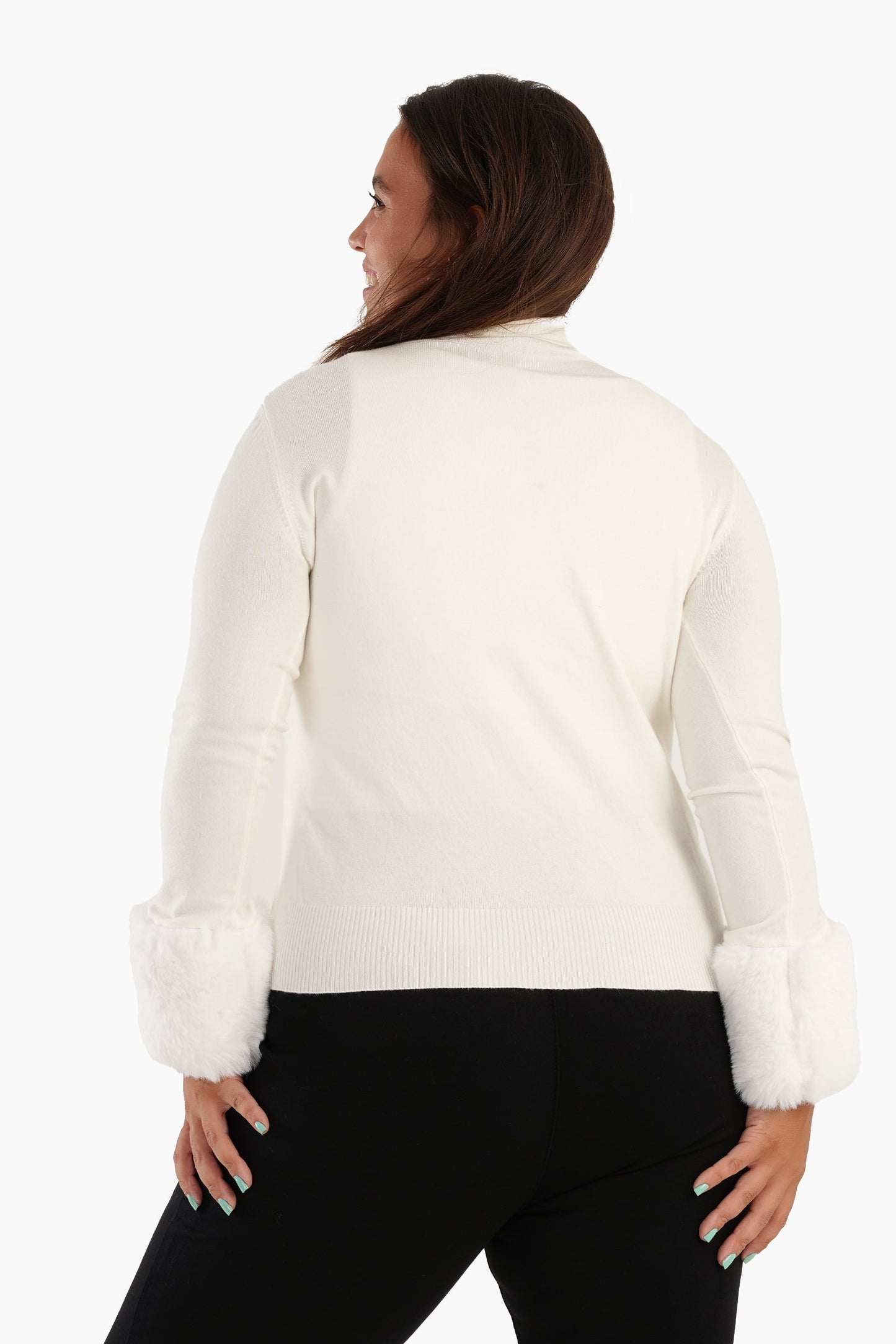 Pullover with Faux Fur Cuffs - Off White