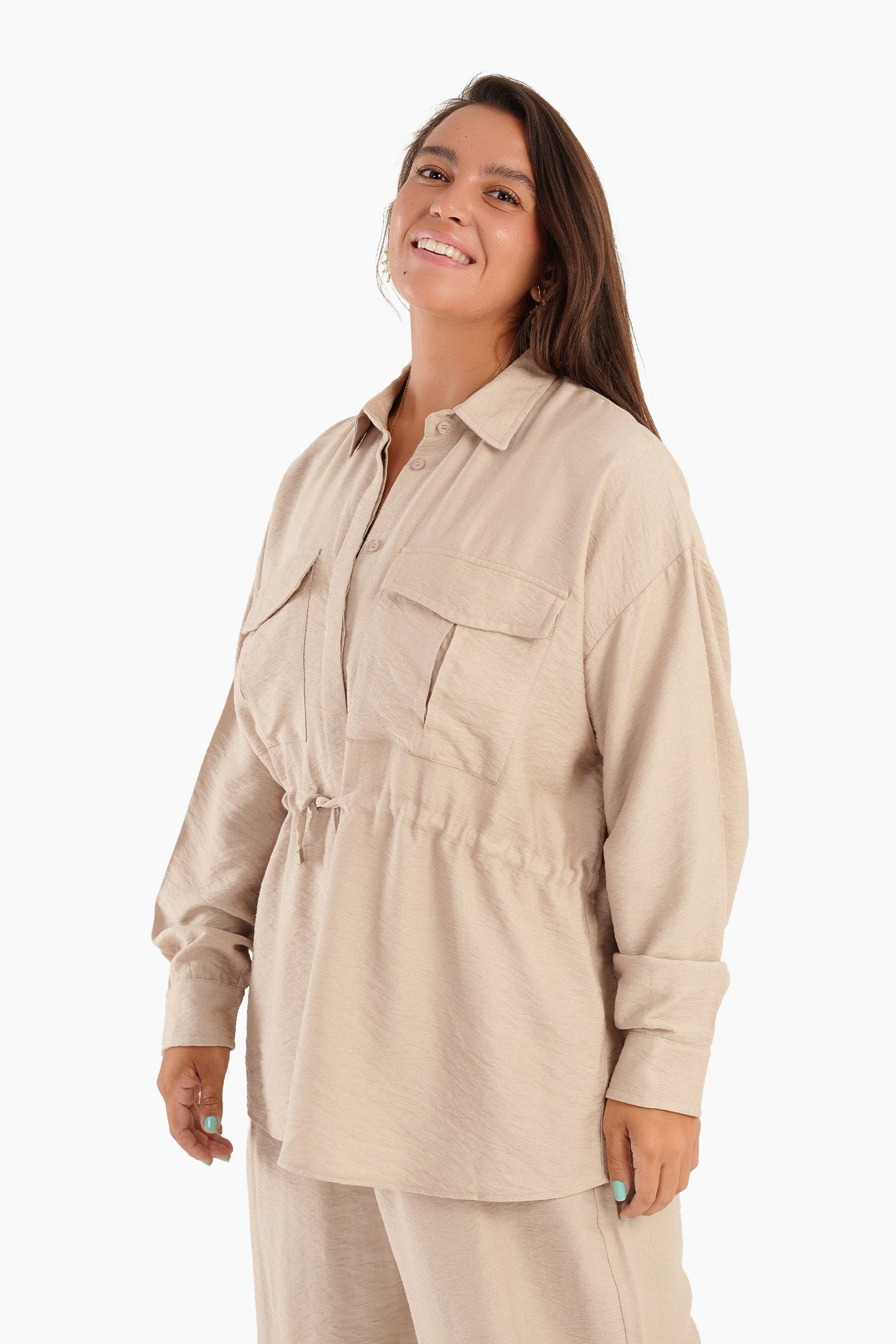 Linen Shirt with Waist Drawstring - Ivory