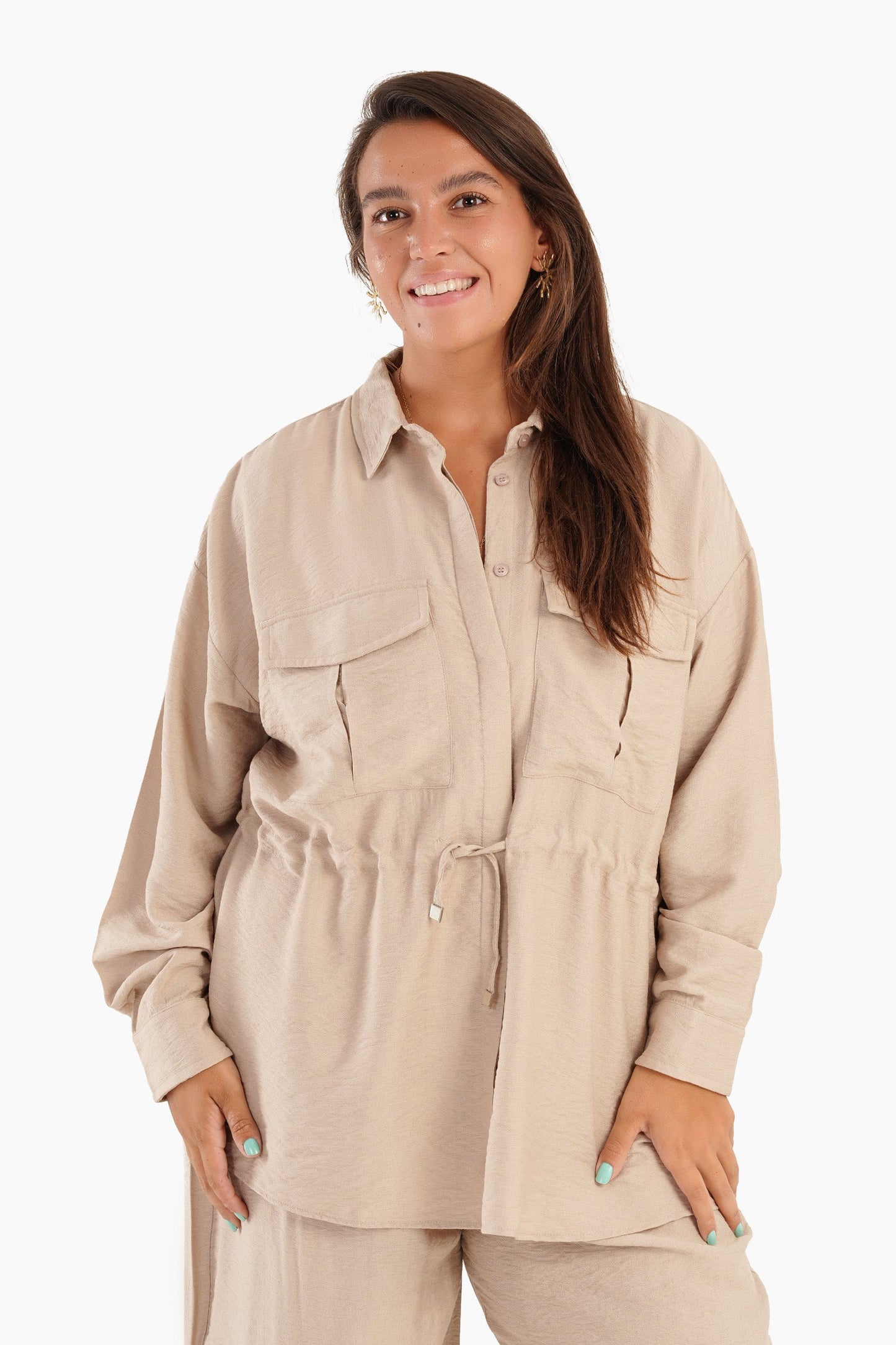 Linen Shirt with Waist Drawstring - Ivory