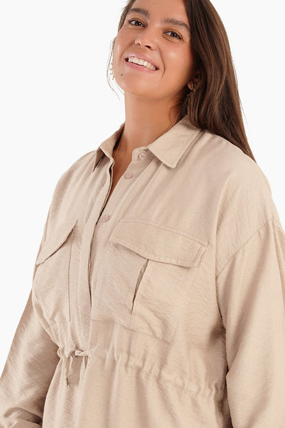 Linen Shirt with Waist Drawstring - Ivory