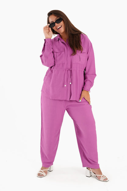 Linen Shirt with Waist Drawstring - Magenta