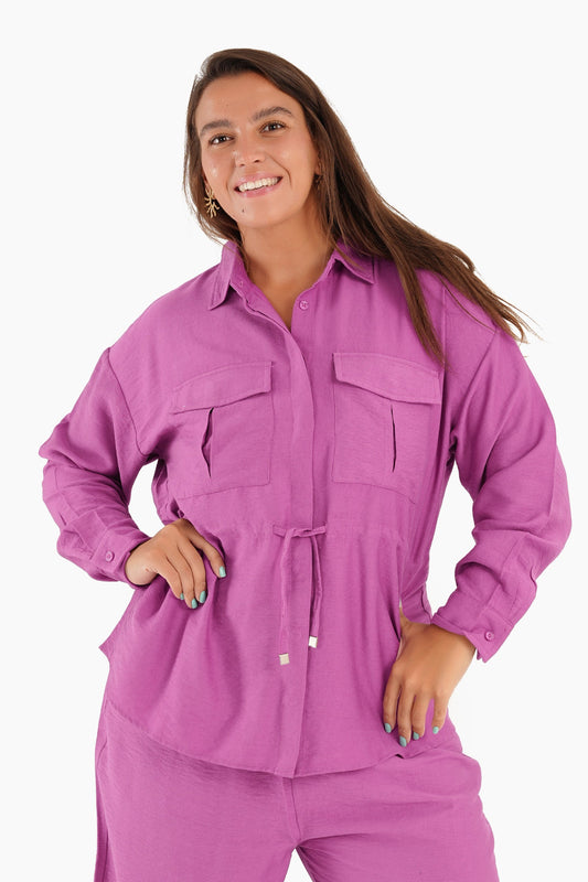 Linen Shirt with Waist Drawstring - Magenta