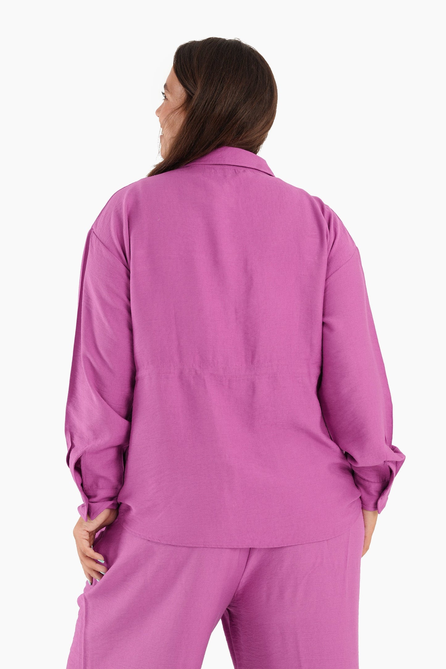 Linen Shirt with Waist Drawstring - Magenta