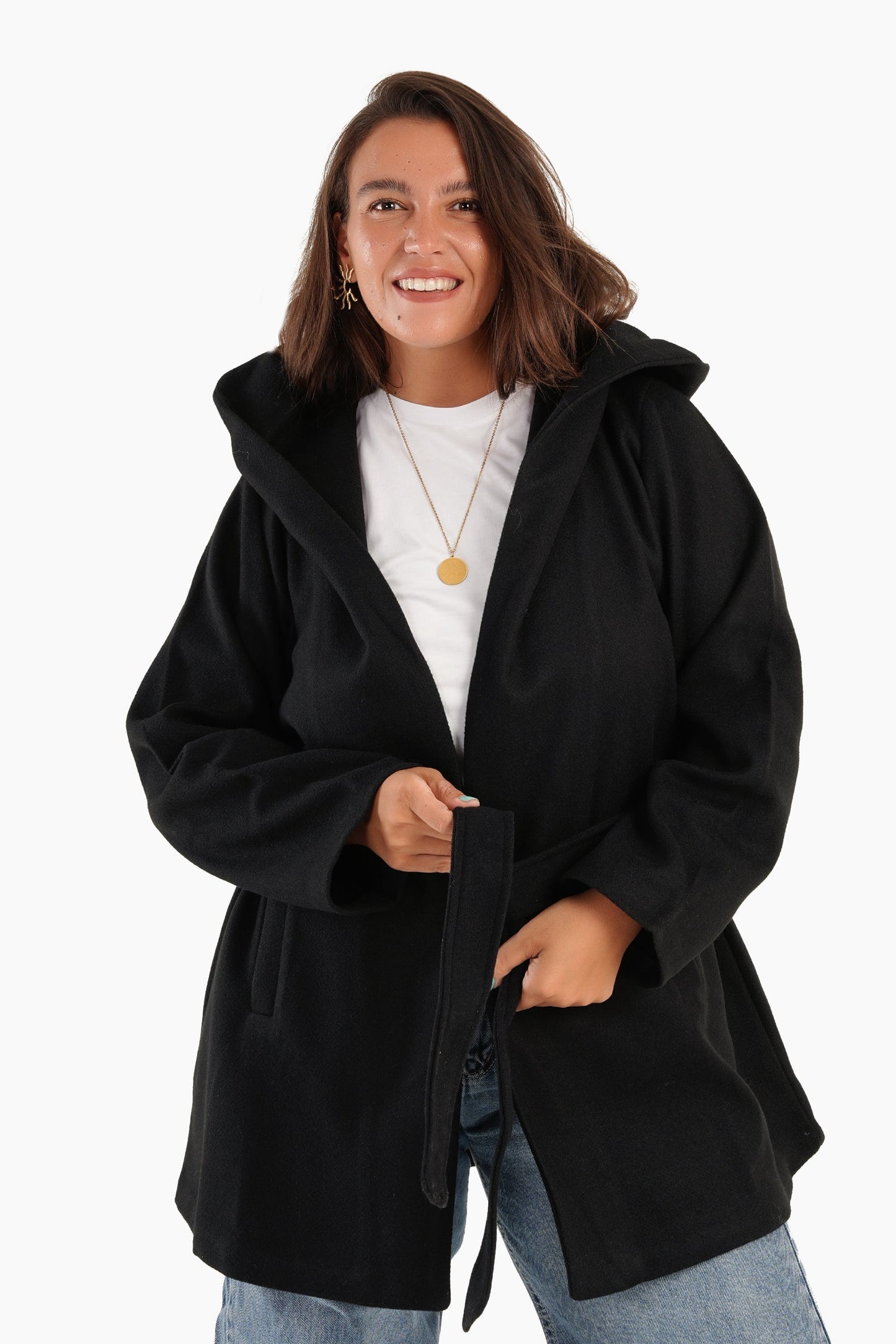 Hooded Wool Blend Coat - Black