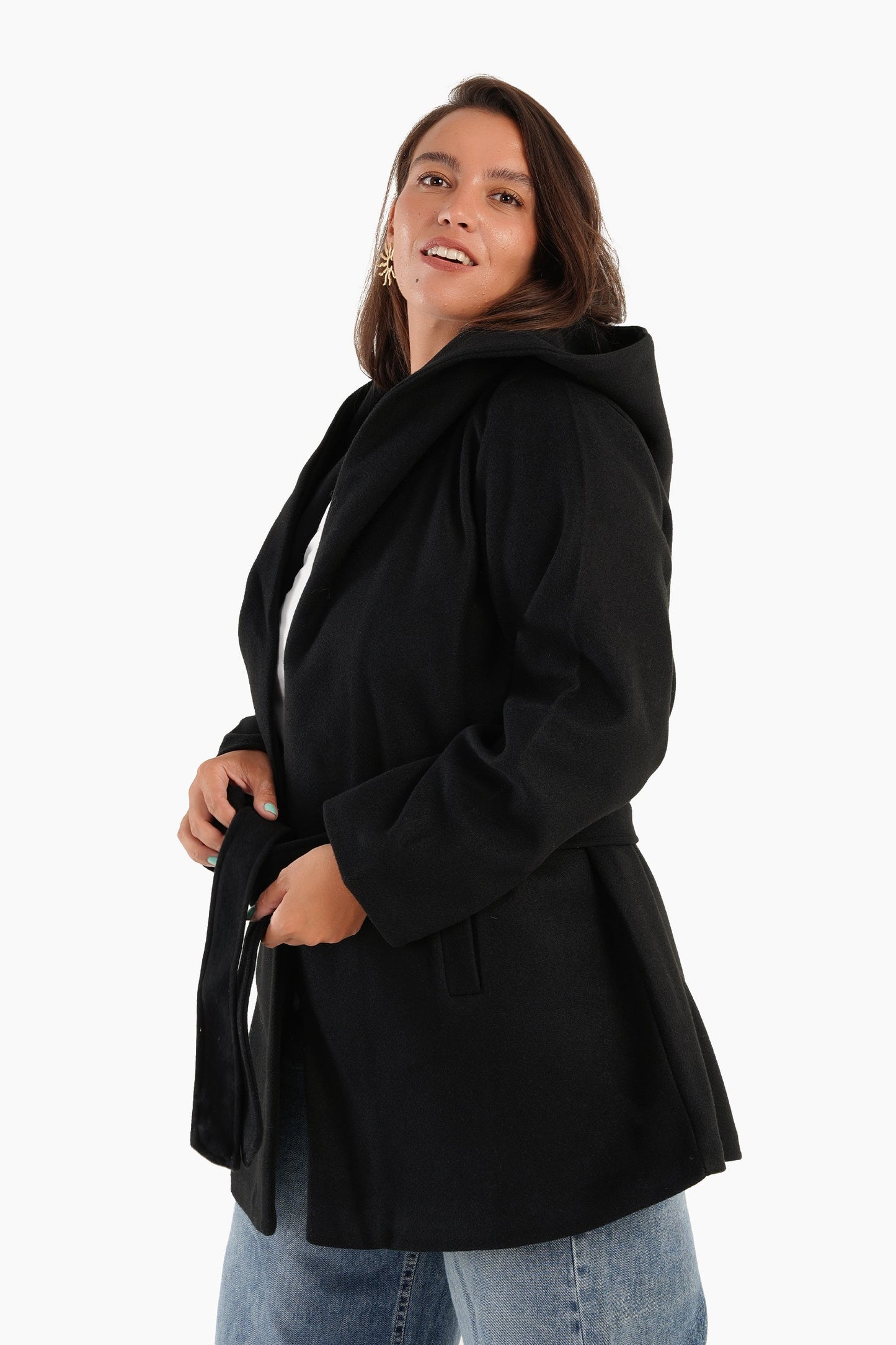 Hooded Wool Blend Coat - Black