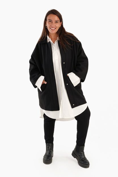 Wool Blend Collared Coat - Black