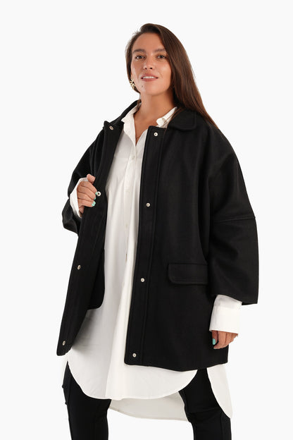 Wool Blend Collared Coat - Black