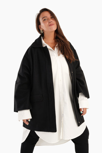 Wool Blend Collared Coat - Black