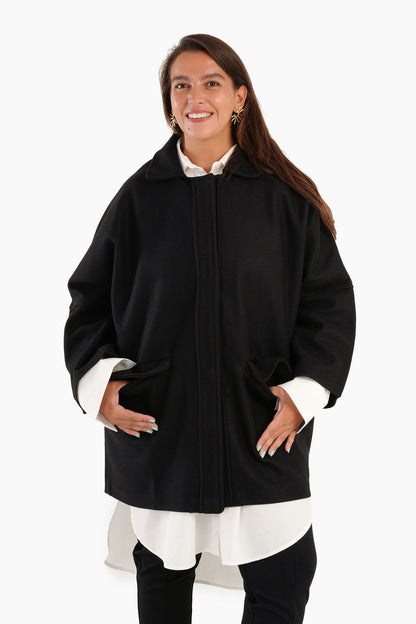 Wool Blend Collared Coat - Black