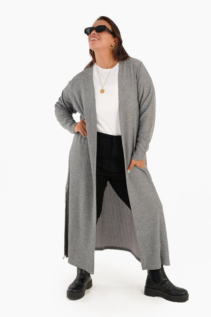 Ribbed Long Open Front Cardigan - Heather Grey