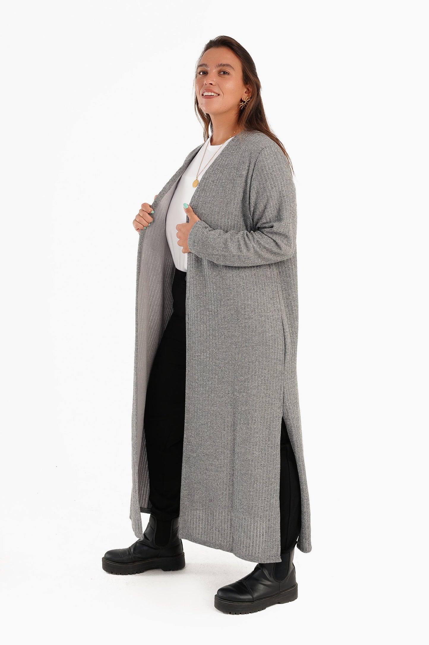 Ribbed Long Open Front Cardigan - Heather Grey