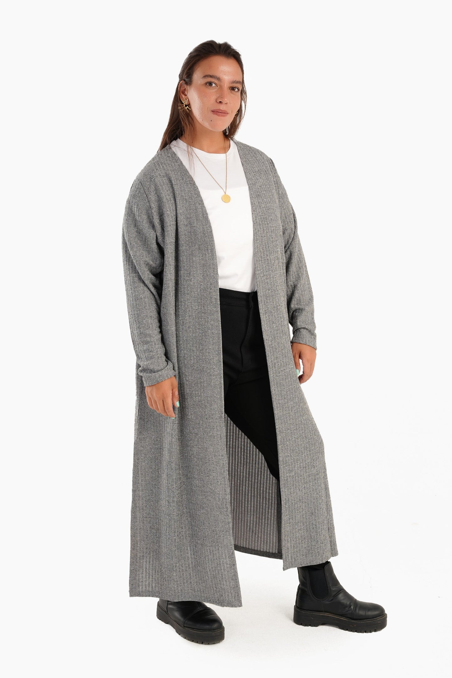 Ribbed Long Open Front Cardigan - Heather Grey