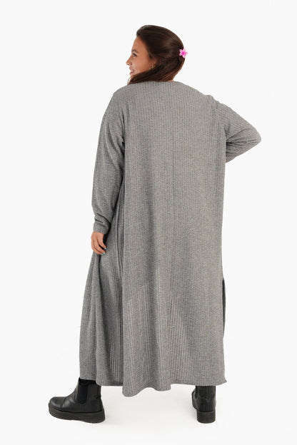 Ribbed Long Open Front Cardigan - Heather Grey