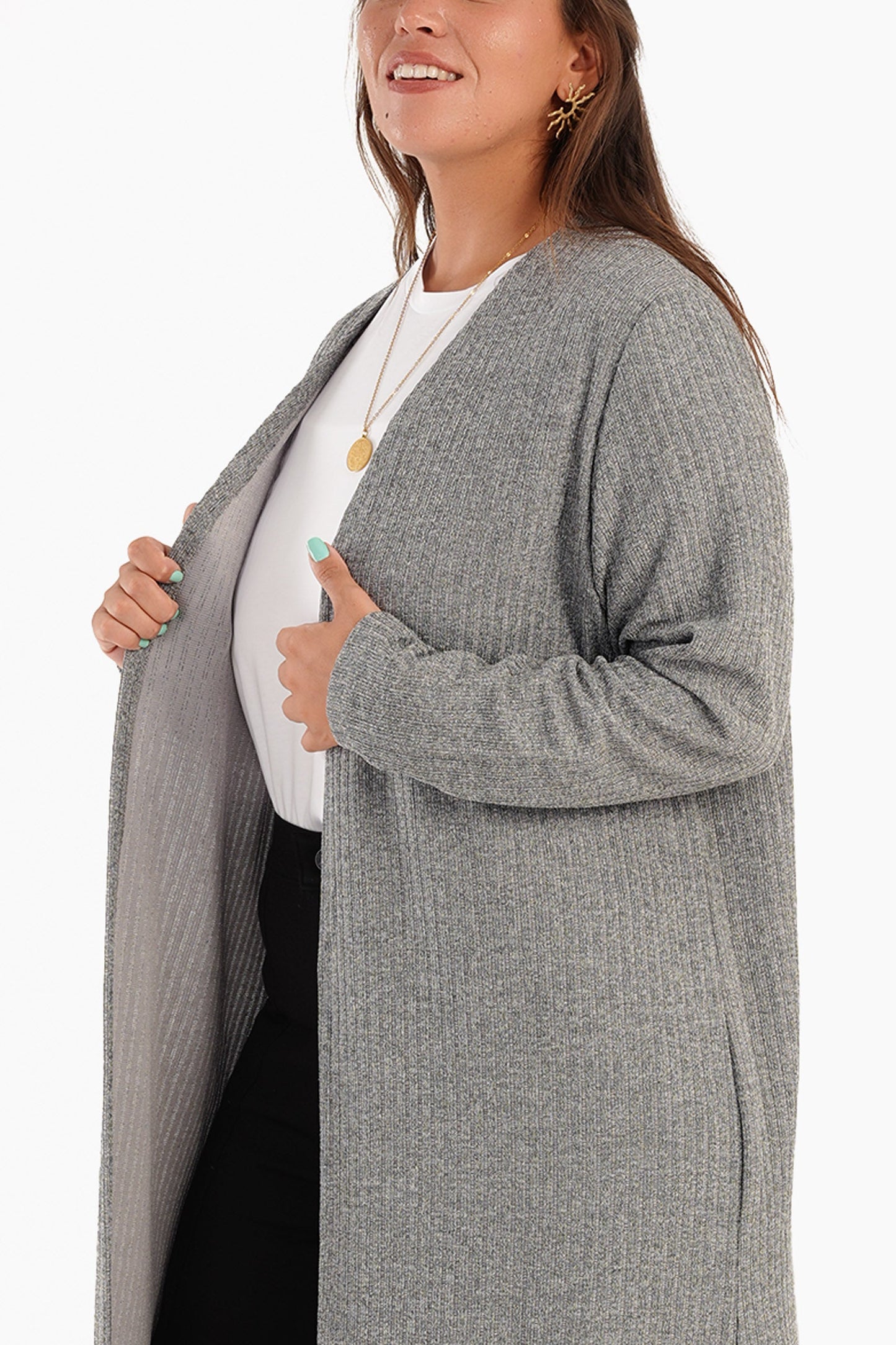 Ribbed Long Open Front Cardigan - Heather Grey