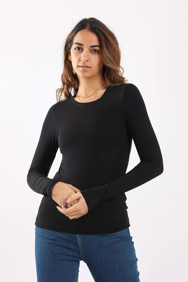 Round Neck Long Sleeve Top - Black