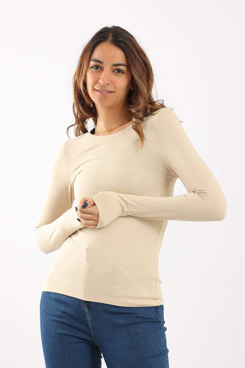 Round Neck Long Sleeve Top - Beige