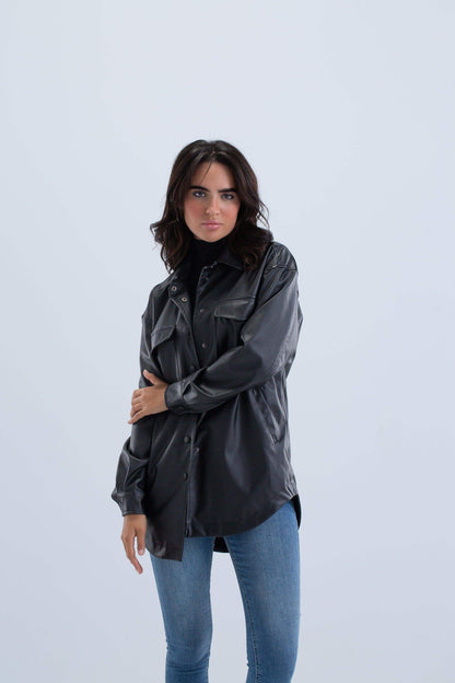 Curved Hem Leather Shirt - Carina - ÙƒØ§Ø±ÙŠÙ†Ø§