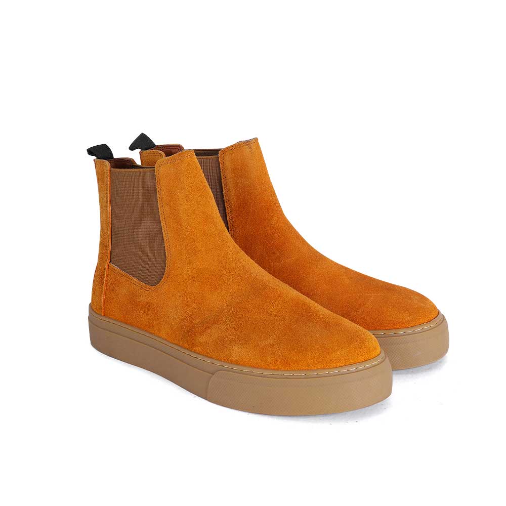 Suede Leather Half Boot, Tan, Slip-On Style