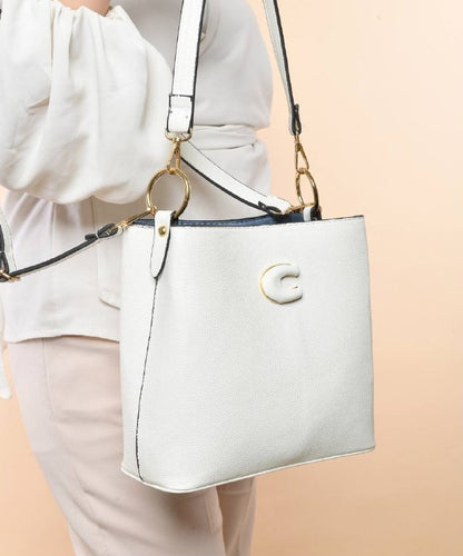 Faux Leather Hand Bag with Cross Hand – White