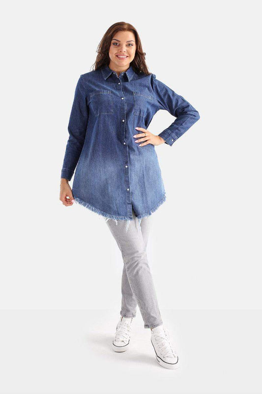 Denim Long Sleeved Shirt With Frayed Hem - Carina - ÙƒØ§Ø±ÙŠÙ†Ø§