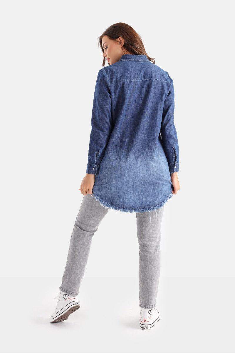 Denim Long Sleeved Shirt With Frayed Hem - Carina - ÙƒØ§Ø±ÙŠÙ†Ø§