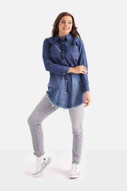 Denim Long Sleeved Shirt With Frayed Hem - Carina - ÙƒØ§Ø±ÙŠÙ†Ø§